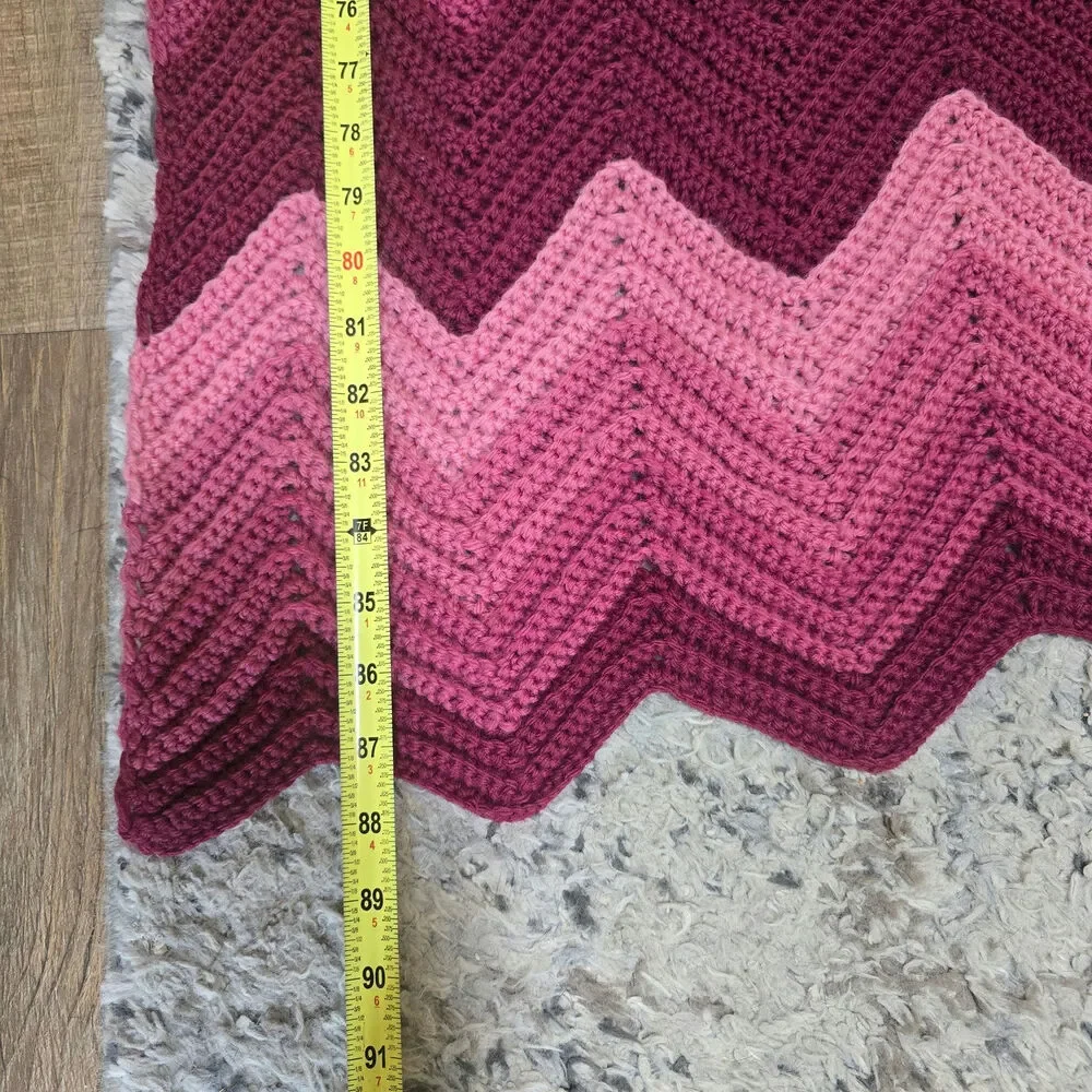 Vintage Crochet Afghan Blanket 88x64 Pink Burgundy Chevron Handmade Throw